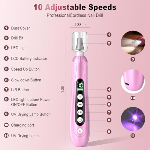 Pro Nail Drill Kit, Electric Nail File with UV Dryer Lamp & LED Light, 10000RPM Low Vibration & Noise, 10 Speeds, 3000mAh Cordless Nail dremel, Toenail Grinder for Manicure Pedicure Home Use, Pink — view 5