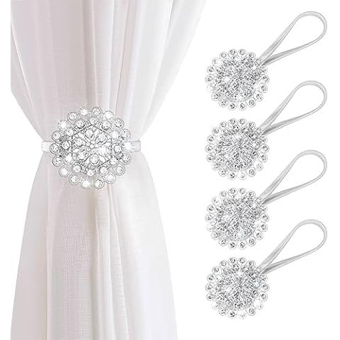 AULEEP Magnetic Curtain Tiebacks, 4 Pack Magnetic Crystal Decorative Drapes Curtain Clips Buckle, Flower Curtain Tie Back, European and American Style (Silver) Cover