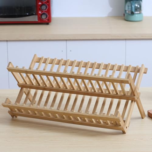 Scolapiatti pieghevole a 2 livelli, robusto ripiano da cucina naturale per asciugatura rapida, scolapiatti per piatti, coltelli, cucchiai