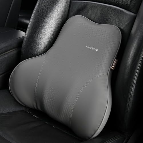 Image of Coverado Lumbar Support Pillow for Car Seat Driver, Leather Car Seat Cushions for Driving Back Pain, Detachable Memory Foam Upper Lower Car Back Support Gray