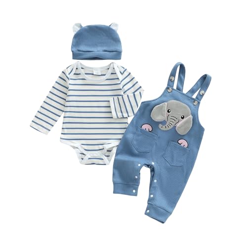 Loalirando Newborn Baby Boy Clothes Long Sleeve Striped Romper Cute Elephant Overalls Pants and Hat Boys 3Pcs Clothing Sets Infant Fall Outfit 0-18 Months (Blue 0-3 Months)