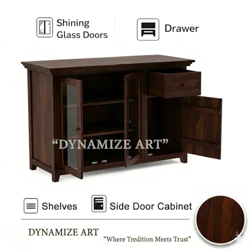 Image of Wood Kitchen Crockery Cabinet with Glass Door, Wooden Chest of Drawers, Kitchen Unit, Cabinet Storage, Sideboard Cabinet for Living Room, Walnut Finish, 45x17x35 Inches