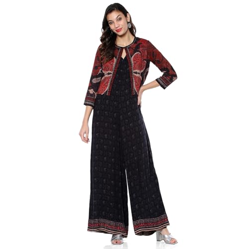 BIBA Women’s Muslin Straight Ankle Length Jumpsuit (JMVR2598AW24BLK_Black