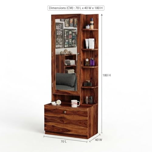 Image of Rajasthali Furniture Wooden Dressing Table with Mirror, Vanity Table for Bedroom with Storage Drawer & Open Shelves, Makeup Table with Mirror Cabinet, Dressing Unit for Home Furniture (Honey Finish)