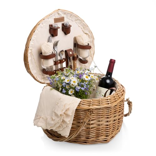 PICNIC TIME Heart Picnic Basket for 2, Wicker Basket with Handle, Complete Deluxe Service for Two, Handwoven and Sturdy Willow Constructed with Fully-lined interior and Accessories, (Antique White)