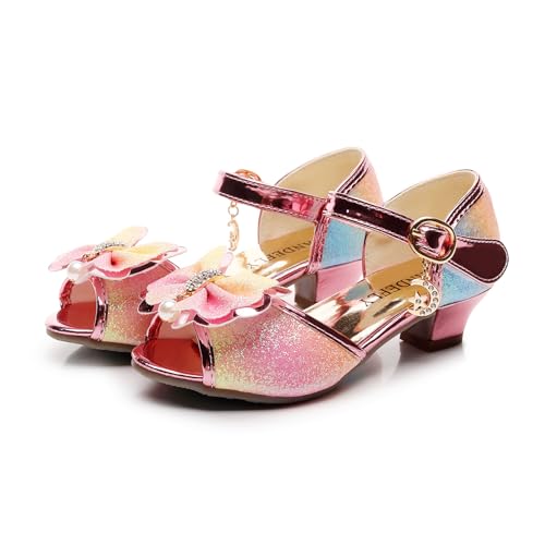 Toddler Girls Dress Shoes with Heels - Sparkly Sequins Flower Girl Sandals Open Toe for Wedding Party | Big Kid Sizes 11-4, Comfortable Bowknot Straps