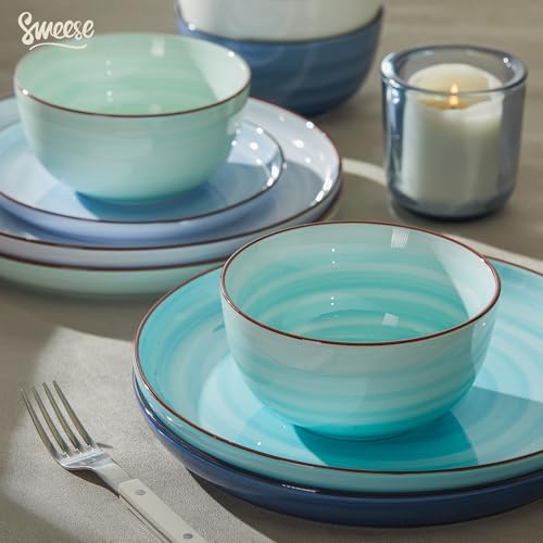 Image of Sweese Plates and Bowls Sets, 18 Piece Dinnerware Set Porcelain Round Dinner Set for 6, Scratch Resistant Dishes Set, Dishwasher and Oven Microwave Safe Handpainted Swirl Dishware Sets, Assorted Blue