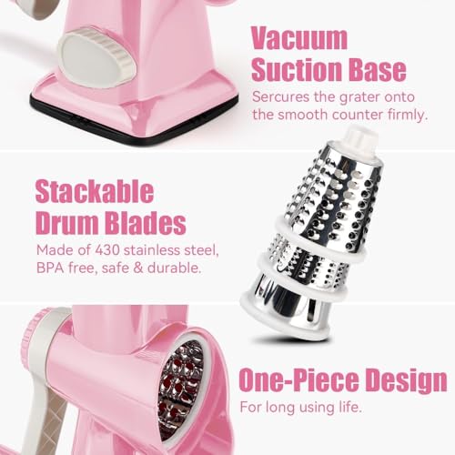 Image of KEOUKE Rotary Cheese Grater Hand Crank Pink - Shredder Slicer Grinder 3 Stainless Steel Blades, Stable Suction, Labor-Saving Handle, Safe Kitchen Tool for Cheese, Vegetable, Nuts, Chocolate