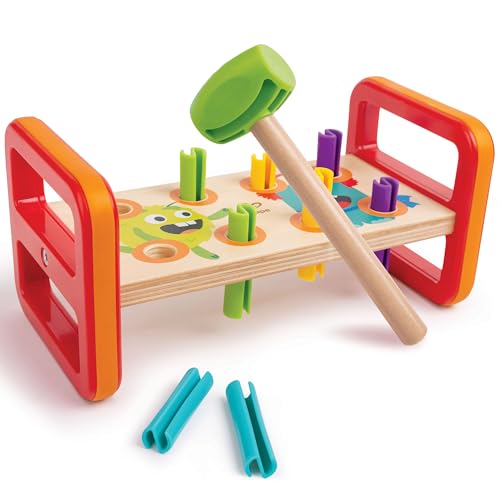 Image of Hape: Wooden Monster Hammer Bench with 8 Pegs - Educational Toy for Kids & Toddlers, Fun Monster Design for Motor Skills Development