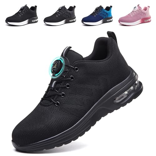 Zapatos de Seguridad para Hombre Mujer Ligero Zapatillas de Seguridad Transpirable Zapatos de Trabajo con Punteras de Acero Antideslizantes Calzado Trabajo Comodo, Negro, EU 37