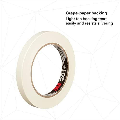 Image of 3M General Use Masking Tape 201+, Crepe Paper, Tan, 12 mm x 55 m, 72 /Case | 4.4 mil, Low Unwind, Clean Removal, Easy Tear, Resist Slivering