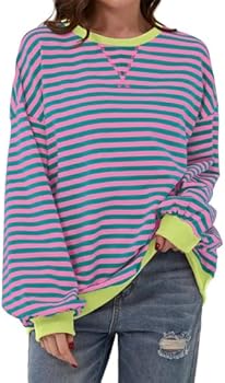 Hxiaen Oversized sweater met strepen en kleurblokken voor dames, lange mouwen, ronde hals, damessweater, ongedwongen, losse pullover tops, tuniek Y2K-shirt, Groen, M