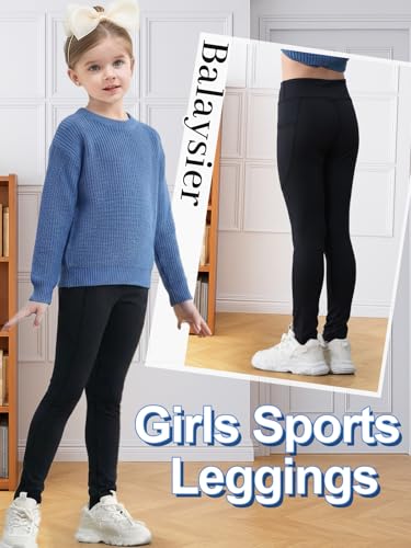 BALAYSIER Sportleggings Mädchen Lang mit Tasche Mädchen Yogahose Lang Elastische Hochtailliert Sporthose Kinder für Gymnastik Yoga Alltag(Schwarz,150)