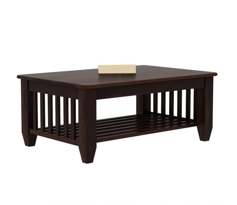 Image of Solid Wood Center Table for Living Room | Sheesham Wood Coffee Table with Storage Shelf | Wooden Tea Table Furniture for Home (Walnut Finish)