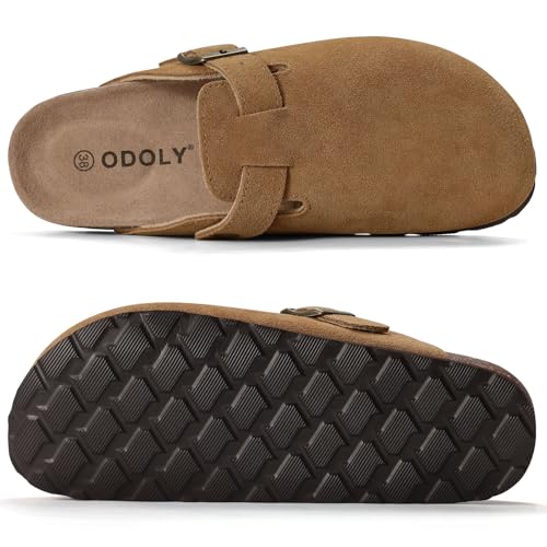 Image of ODOLY Genuine Suede Clogs for Women Men Soft Cork Footbed Leather Mules Comfort Potato Shoes with Arch Support