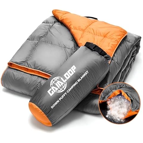 Gaialoop Down Puffy Blanket for Car Camping Outdoor Travel Backpacking, 80% Duck Down & 20% Feather Lightweight Portable Soft Warm Cozy Duck Down Camping Blanket Quilt, Light Gray Cover