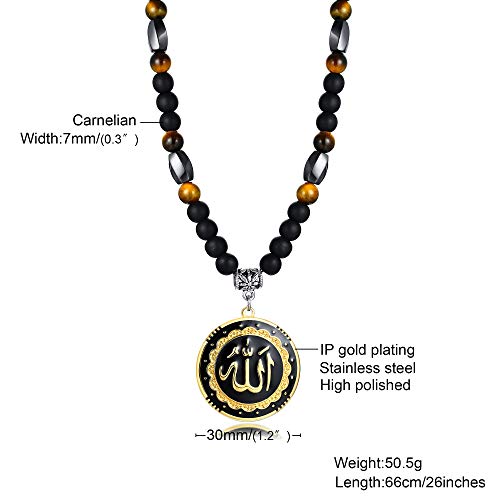 MEALGUET Allah Medallion Necklace, Stainless Steel Islamic Jewelry,Arabic Jewelry,Allah Name of God Round Pendant Necklace for Women and Men with Agate Beaded Chain, Muslim Gift Jewelry, Gift2