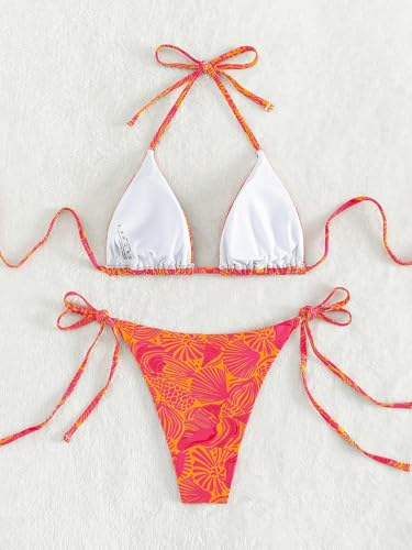 Image of ZAFUL Womens Printed Triangle Bikinis 2 Piece Halter Bikini Sets High Cut Bathing Suit Side Tie Swimsuits