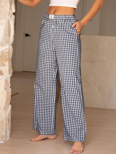 Image of ANRABESS Womens Gingham Striped Boxer Pants | 2026 Fall Outfits,Wide Leg Elastic Waist with Pockets,Casual Lounge Pajama Bottoms,Lightweight Breathable,Fashion Clothing