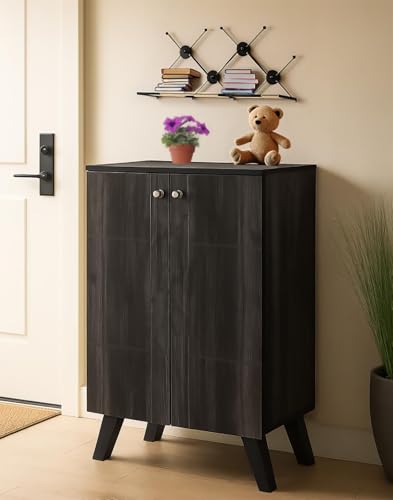 Image of Mevigo Shoe Rack Wooden with Door - 2 Door 4- Tier Engineered Wood Shoe Rack Organizer for Entryway, Hallway & Bedroom, Space Saving Shoe Storage Cabinet -Dark Grey-KA1