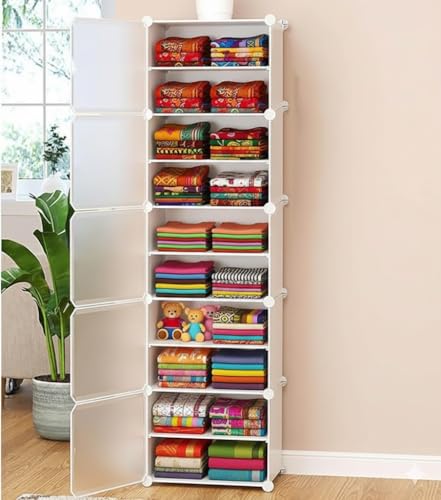 Image of CoolLeaf Plastic Wardrobe for Bedroom, 10-Shelf Kids Cupboard for Bedroom with Soft PP Cubes and Hanging Hook, Almirah Plastic Storage Baby Clothes /Toys /Books /Sheets, White