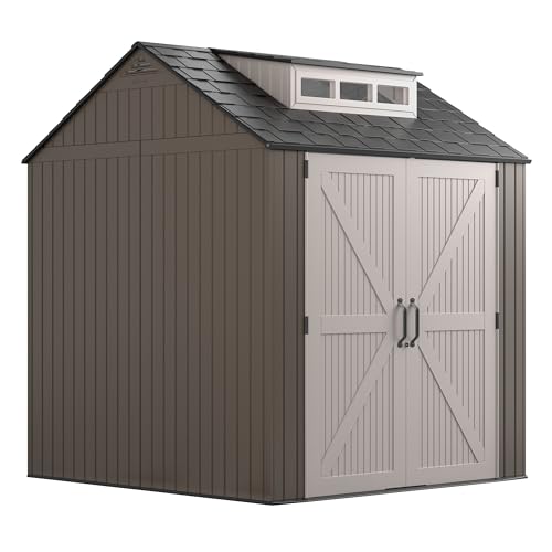 Rubbermaid Large Resin Outdoor Storage Shed With Floor (7 x 7 Ft.), Weather Resistant, Brown, Organization for Home/Lawn Mower/Backyard Equipment/Bike Storage/Pool Supplies