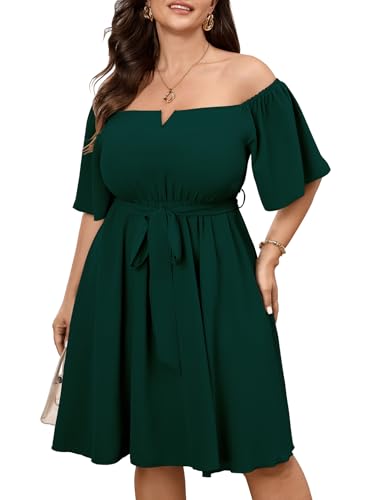 Image of SCOMCHIC Womens Plus Size Cocktail Dress Summer Off Shoulder Short Sleeve Flowy Ruffle A-Line Cute Mini Dress with Belt