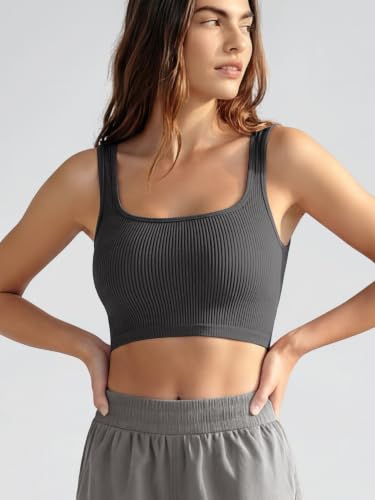 Image of ODODOS 3-Pack Seamless Square Neck Crop Tank for Women Ribbed Knit Soft Low Back Cropped Tops