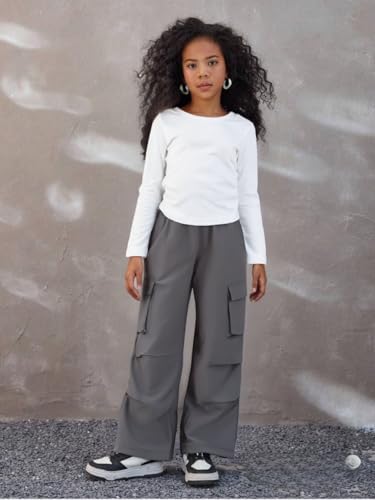 Image of Azmxynol Girls Clothes 2 Piece Outfit Ribbed T-Shirt Top + Cargo Pants, Girls Fall Clothing Set, Sizes 5-16 Years
