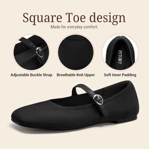 Image of FITORY Flats for Women, Mary Jane Ballet Square Toe Knit Ankle Strap Shoes