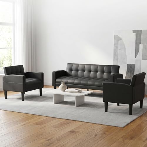 AILEEKISS 3 Piece Living Room Sofa Set Loveseat Sofas Sets with 2 USB,Cup Holders,Side Pocket, Modern Leather 3 Pcs Sectional Couches Set for Apartment, Office, Bedroom (Black, 2-Seat+1-Seat+1-Seat)