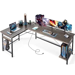 Coleshome 66″ L Shaped Gaming Desk with Outlet, L Shaped Desk with CPU Stand, Corner Computer Desk, Home Office Desk, Writing Desk, Grey Oak
