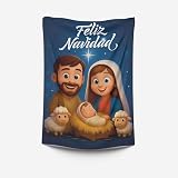Pla Pla Pla Manta Navideña “Feliz Navidad” – Diseño del Nacimiento del Niño Jesús con María, José y Ovejas – Estilo Ilustrado Familiar y Religioso – Decoración Cristiana 100×70 cm Hogar (45)