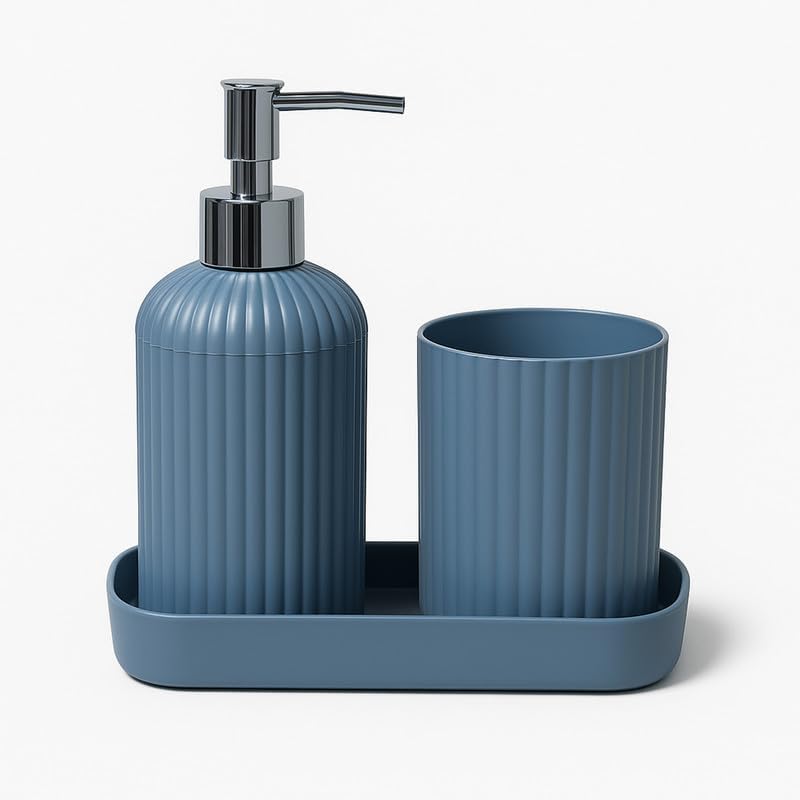 Image of 3PCS Set Bathroom Soap Dispenser Set with Toothbrush Holder and Vanity Tray Unbreakable (Grey)