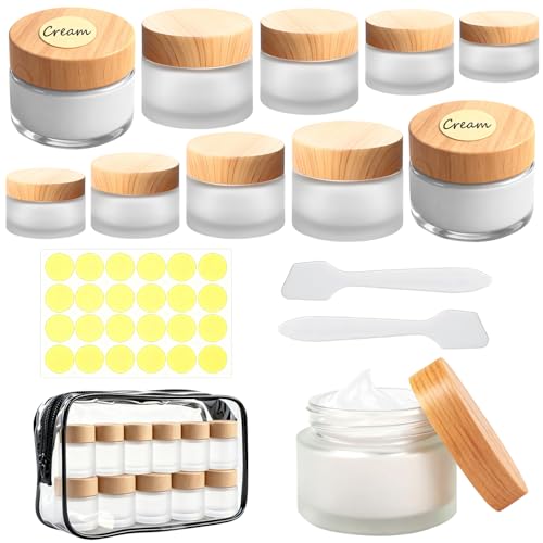 10 tarros de cristal de 50 ml, 30 ml, 20 ml, 10 ml, 5 ml, vetas de madera, mate, sin BPA, para rellenar, botes de crema con 2 espátulas, pegatinas y bolsa, a prueba de fugas, juego de botellas de