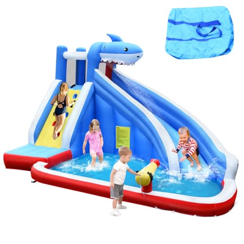 KOTEK Inflatable Water Slide, Shark Water Park Waterslide Inflatables with Long Slide, Climbing Wall & Splashing Pool, Outdoor Blow up Water Slides for Kids Backyard Family Fun (Without Blower)