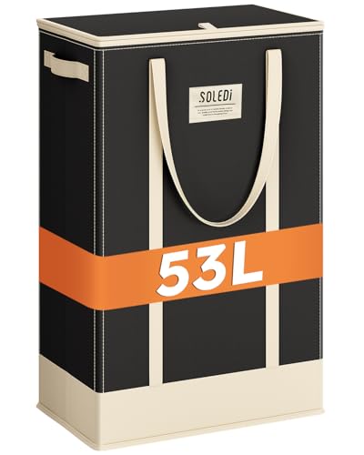 SOLEDI 53L Cesto Ropa Sucia con Tapa, Cesto Ropa Sucia Estrecho con Asas, Cesta Ropa Plegable para Baño, Dormitorio, Lavadero, Habitación Infantil, Negro