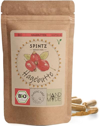 SPINTZ 210 Stk. Bio Hagebutten Kapseln - vegane Hagebutten Kapseln hochdosiert - 500mg Hagebuttenpulver Bio aus biologischem Anbau - Hagebutte Pulver | plastikfrei verpackt