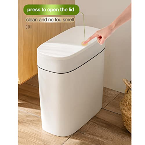 Comodid 14 Litre Trash Can With Press Top Lid, 3.7 Gallons Plastic Garbage Bin, Slim Wastebasket For Bathroom, Kitchen, Toilet, Office, Room, Bedroom, White Lid Without Brush #TOP2