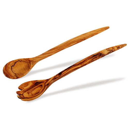 Mastro Leonardo - Set per insalata Sagomate MAXI, cucchiaio e forchetta in legno d'oliva, 37 cm, realizzato a mano in Italia