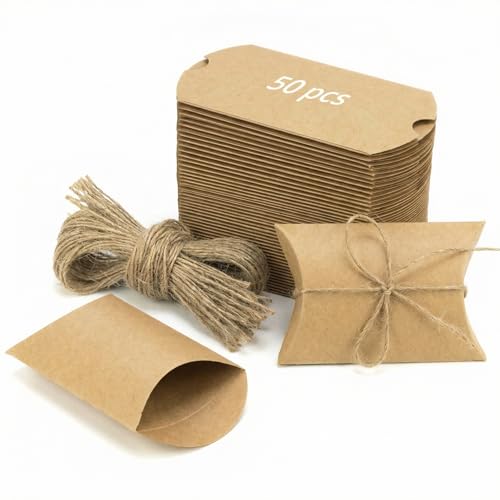 QWORK® 50 Stück Geschenkschachteln, Vintage Geschenkboxen, Kraftpapier Verpackung Box mit Juteschnur, für Süßigkeiten, Schmuck, Hochzeiten