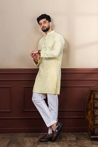 Image of ALMORA Men's Embroidered with Thread Work and Cotton Blend Only Slim Fit Kurta for Men