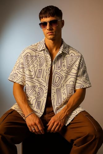 Image of Veirdo Poly Cotton Oversized Loose Baggy Fit Drop Shoulder Cool and Stylish Abstract Print Men Camp Collar Shirt