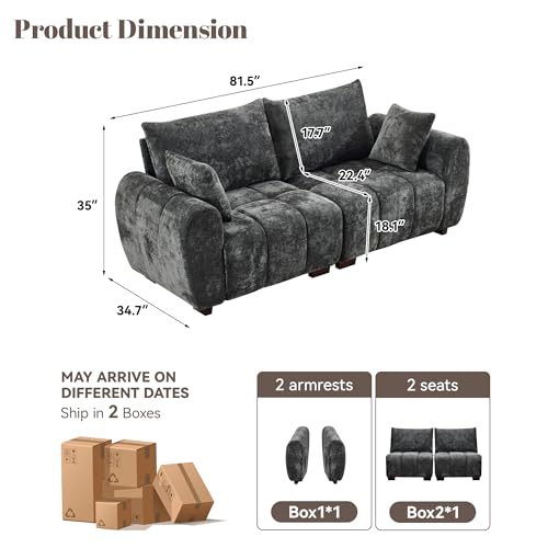 Image of 81.5 inch Chenille Love Seat Sofa, 2 Seater Modular Sectional Couch with Deep Seat, Solid Wood Legs, Cloud Couch for Bedroom, Living Room, Mid Century Modern Loveseat, Tufted Sofa, Grey