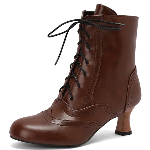 KysBloes Vintage Victorian Boots for Women Kitten Heel Ankle Boots Lace Up Low Heel Witch Shoes Oxford Wingtip Boots