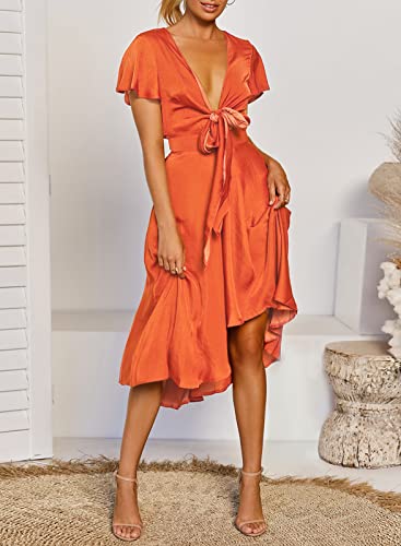 Image of miduo Womens Satin V Neck Ruffle Short Sleeve Tie Front High Waist Midi A-Line Maxi Dresses