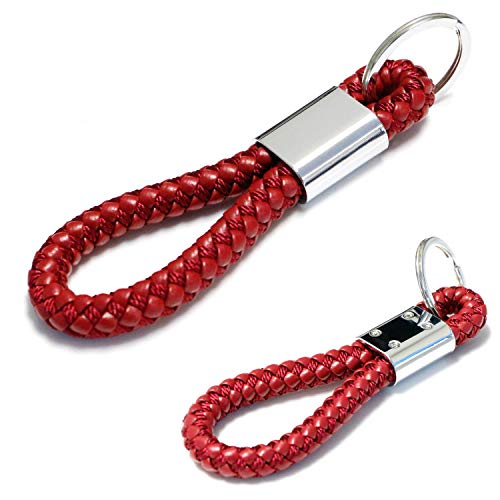 iJDMTOY (1) Red Braided Leather Strap Keychain Ring Compatible With Car Key, Key Fob