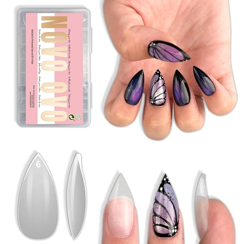 NOVO OVO Short Sharp Stiletto Nail Tips - 16 Sizes PMMA Extra Thick Soft Gel Press on False Nails 1.5x Stronger Full Cover Clear Acrylic Fake Nails for DIY Home Salon (0.94 Max Length) 224Pcs