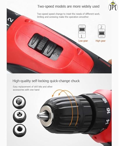 Image of JPT 12V Powerful Cordless Drill Machine | 1350 RPM | 18 Torque | 10MM | 1.50 KW | 2 Speed Gear | 2x Batteries | Fast Charger | Keyless Chuck | Carrying Bag