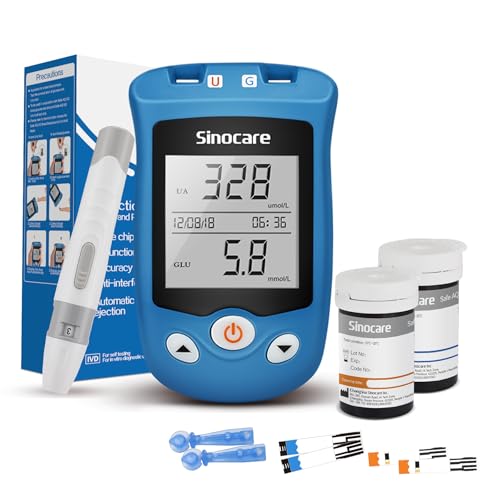 sinocare Uric Acid & Blood Sugar Monitor, 2 in 1 Meter, Uric Acid Testing & Blood Glucose Test Kit, 25pcs Uric Acid Test Strips + 25pcs Blood Suar Test Strips & 50pcs Lans., for Home Use UK